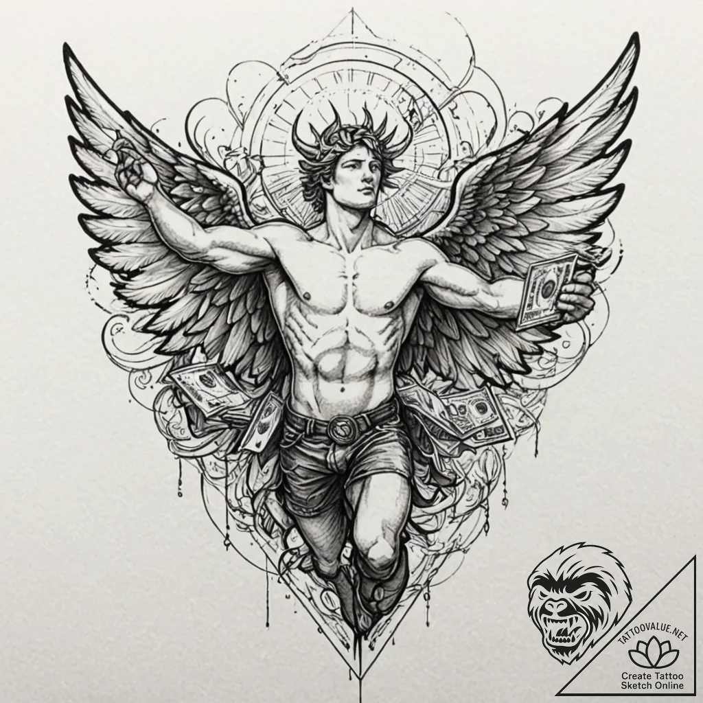 Tattoo design for an arm, icarus, but his win... - tattoo sketch (№1751795965_0, 06.07.2025 09:59) — tattoovalue.net