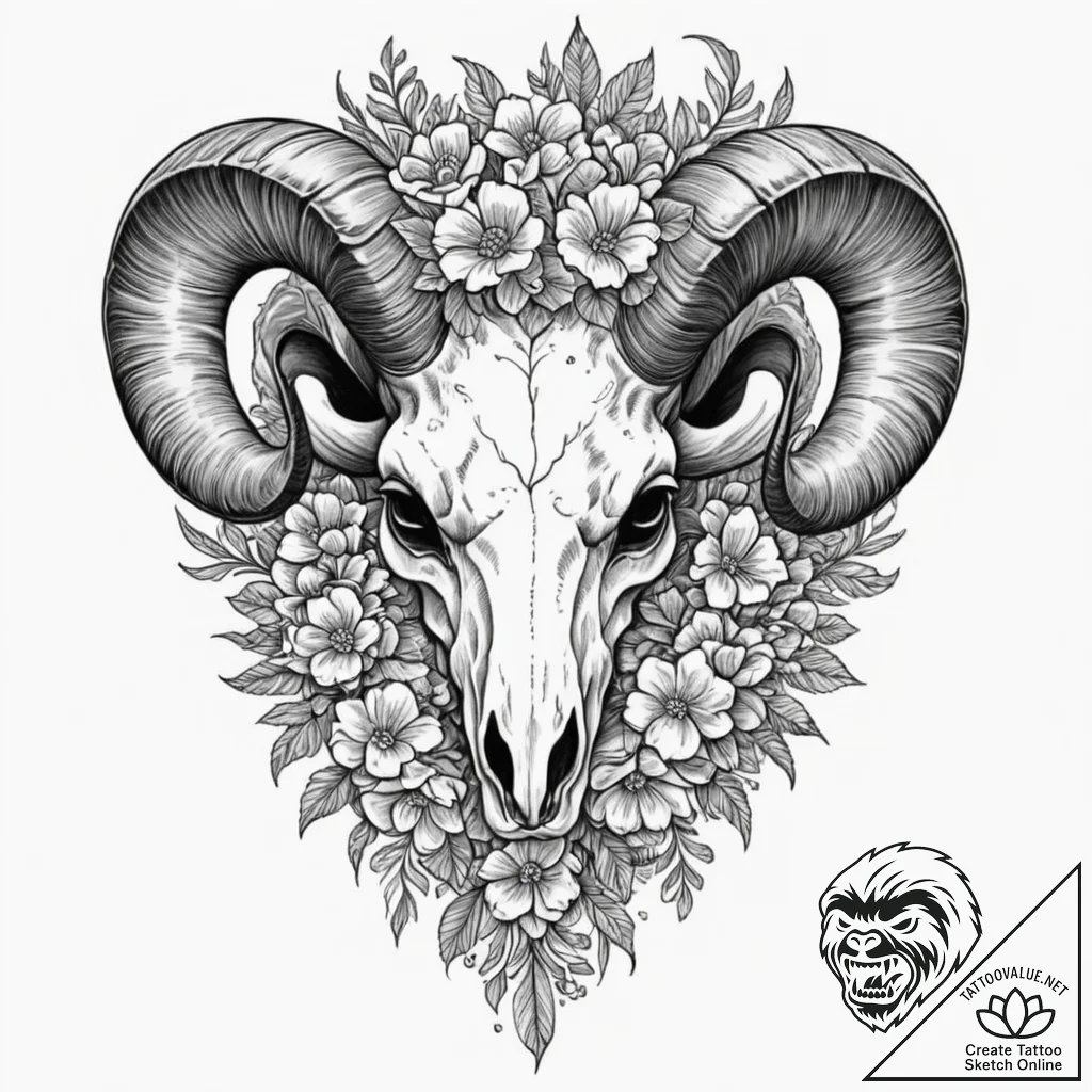Tattoo design for a thigh, a giant ram's skul... - tattoo sketch (№1751797151_0, 06.07.2025 10:19) — tattoovalue.net
