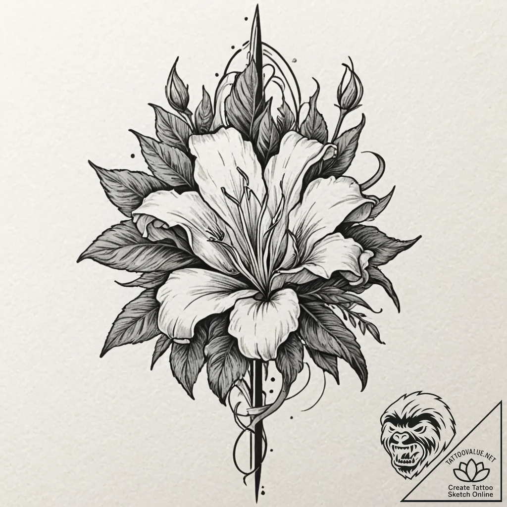 Tattoo design for a shin, a single, long-stem... - tattoo sketch (№1751798769_0, 06.07.2025 10:46) — tattoovalue.net