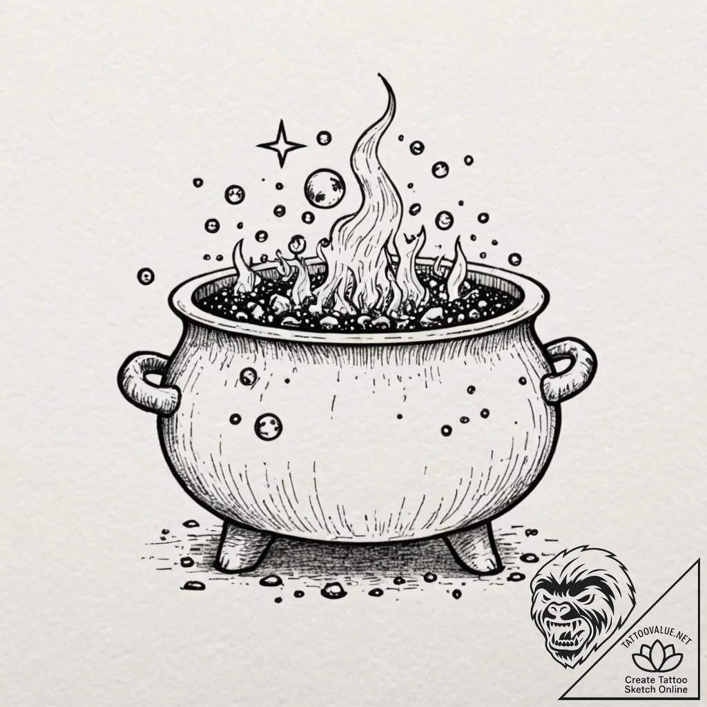 Tiny tattoo design, a tiny cauldron, with a f... - tattoo sketch (№1751799371_0, 06.07.2025 10:56) — tattoovalue.net