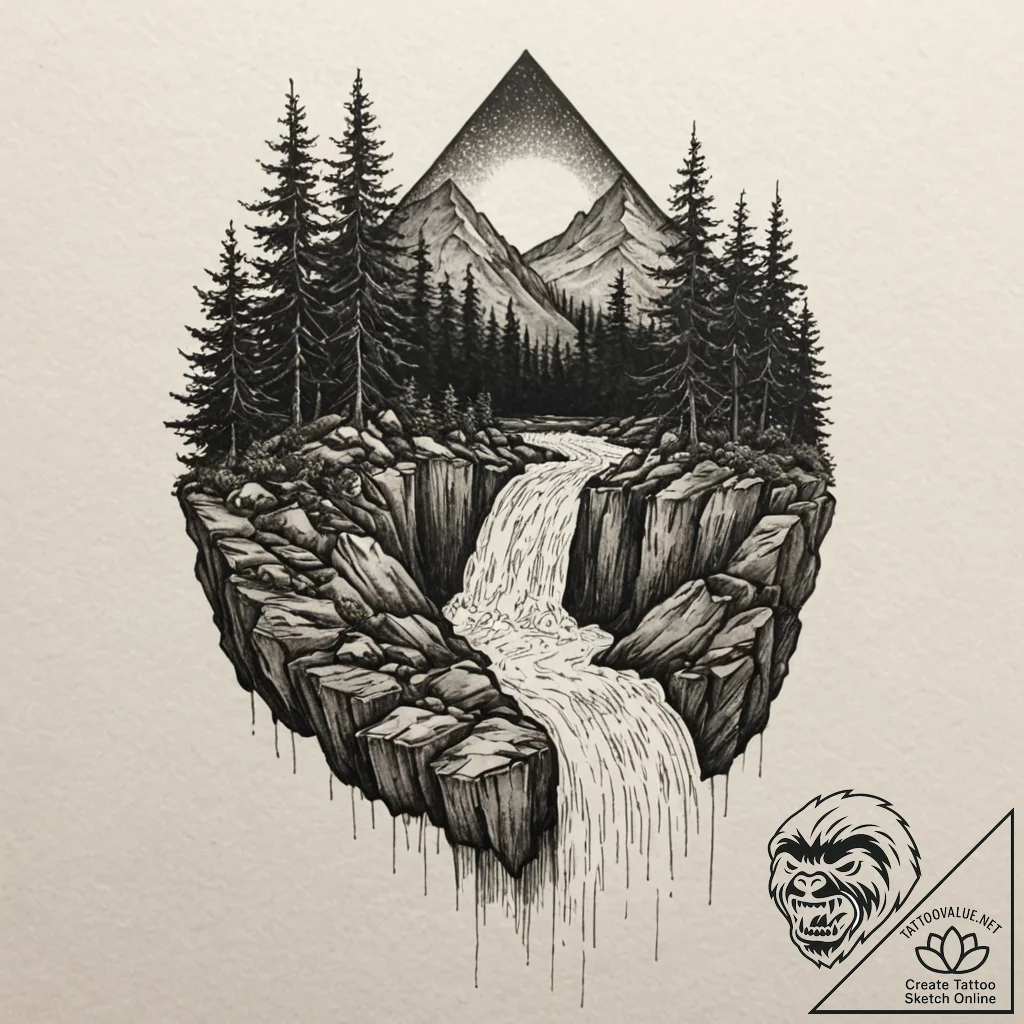 Tattoo design for shoulder, a waterfall, orig... - tattoo sketch (№1751800309_0, 06.07.2025 11:11) — tattoovalue.net