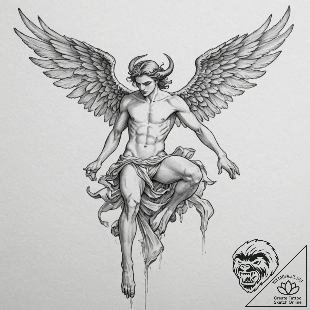 Tattoo design for a leg, a falling angel, sta... - tattoo sketch (№1751800649_0, 06.07.2025 11:17) — tattoovalue.net