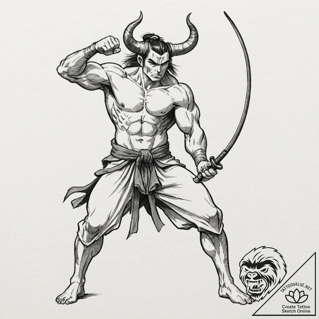 Tattoo design for a calf, a japanese warrior... - tattoo sketch (№1751803044_0, 06.07.2025 11:57) — tattoovalue.net