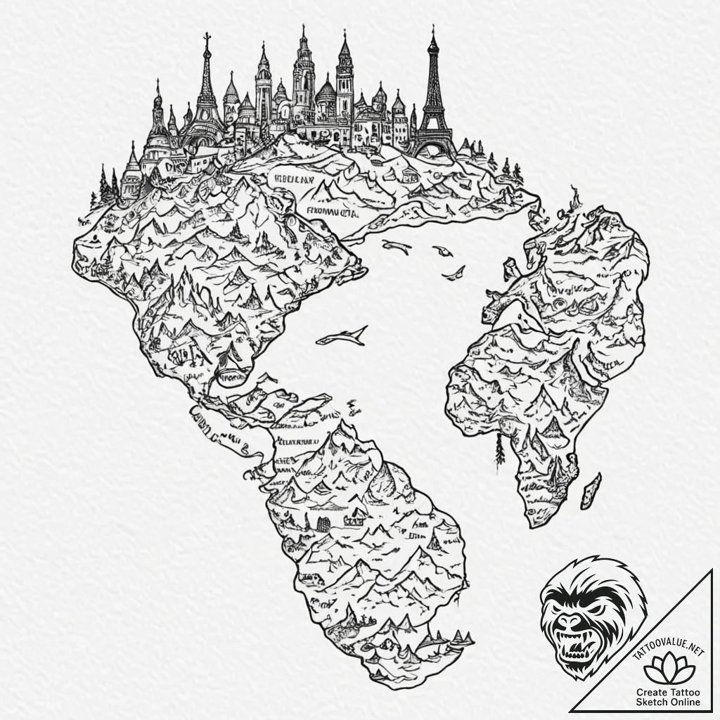 Tattoo design for a foot, a map of the world,... - tattoo sketch (№1751803130_0, 06.07.2025 11:58) — tattoovalue.net