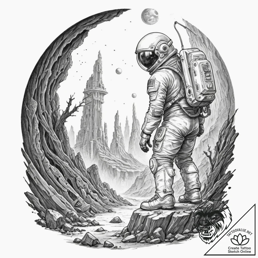 Tattoo design for a thigh, an astronaut disco... - tattoo sketch (№1751809579_0, 06.07.2025 13:46) — tattoovalue.net