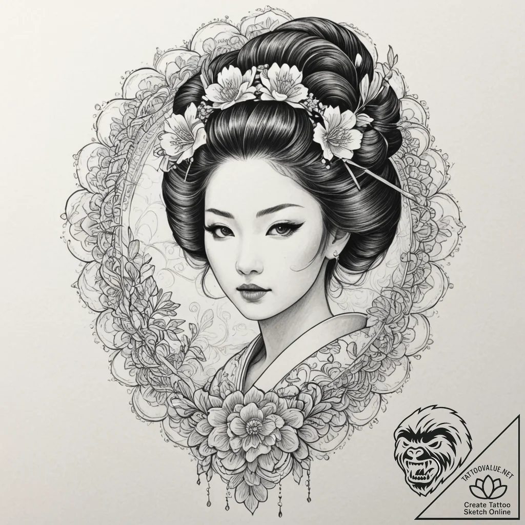 A sketch of the geisha hologram advertisement... - tattoo sketch (№1751814996_0, 06.07.2025 15:16) — tattoovalue.net