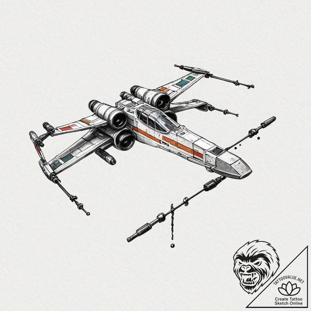 Neo-traditional tattoo of an x-wing fighter,... - tattoo sketch (№1751815919_0, 06.07.2025 15:31) — tattoovalue.net