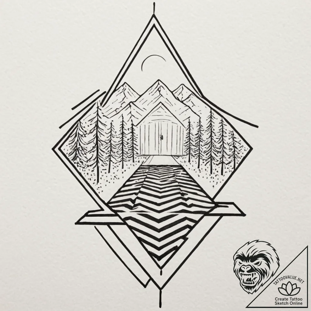 A surrealist tattoo sketch of the black lodge... - tattoo sketch (№1751816847_0, 06.07.2025 15:47) — tattoovalue.net