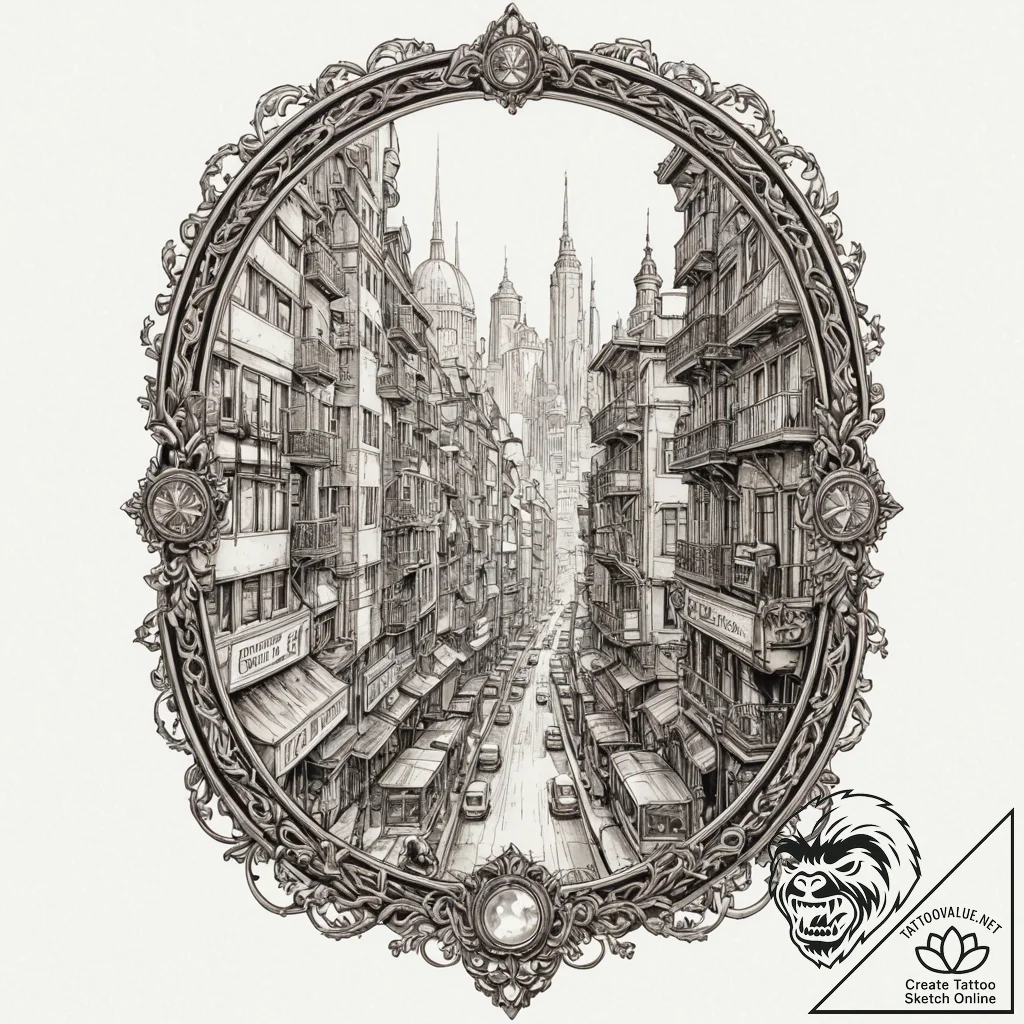 A window looking out onto a cyberpunk city, a... - tattoo sketch (№1751818278_0, 06.07.2025 16:11) — tattoovalue.net