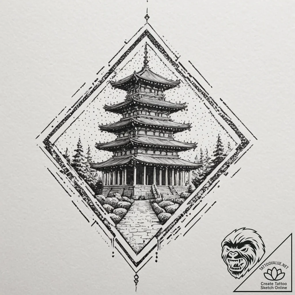 An ancient temple with neon holographic glyph... - tattoo sketch (№1751818362_0, 06.07.2025 16:12) — tattoovalue.net
