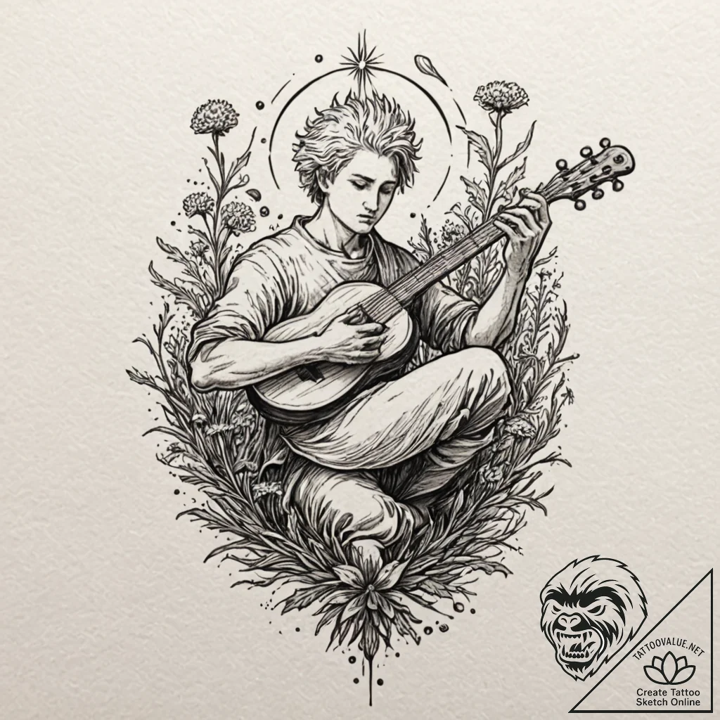 A sketch of jaskier (dandelion) playing his l... - tattoo sketch (№1751819202_0, 06.07.2025 16:26) — tattoovalue.net