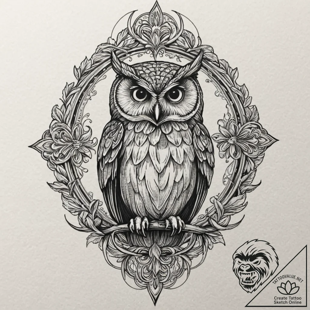 Owl, tattoo drawing outline, moderately detai... - tattoo sketch (№1751821521_0, 06.07.2025 17:05) — tattoovalue.net