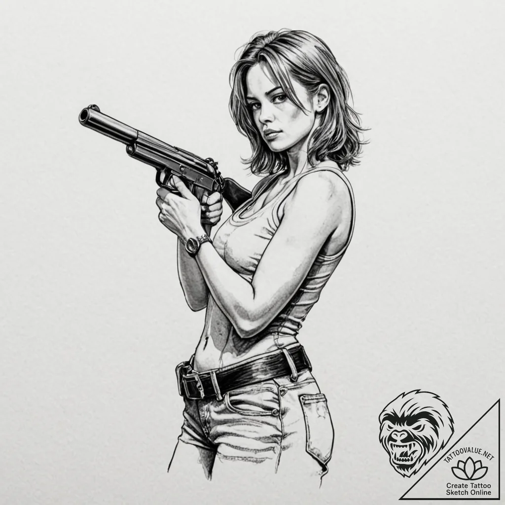 A sketch of sarah connor from t2, strong and... - tattoo sketch (№1751822251_0, 06.07.2025 17:17) — tattoovalue.net
