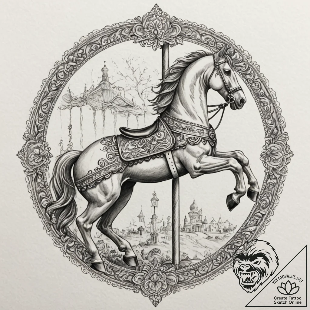 Carousel horse, ink illustration for tattoo,... - tattoo sketch (№1751823413_0, 06.07.2025 17:36) — tattoovalue.net