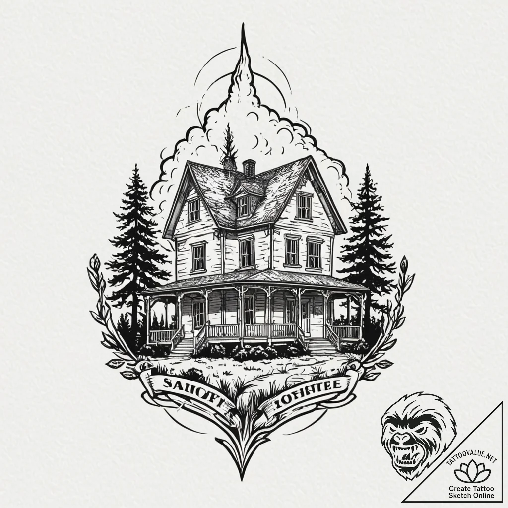 A haunted house silhouette, ink illustration... - tattoo sketch (№1751826613_0, 06.07.2025 18:30) — tattoovalue.net