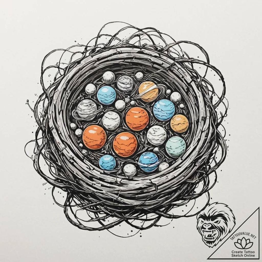 A bird's nest holding planets instead of eggs... - tattoo sketch (№1751826865_0, 06.07.2025 18:34) — tattoovalue.net