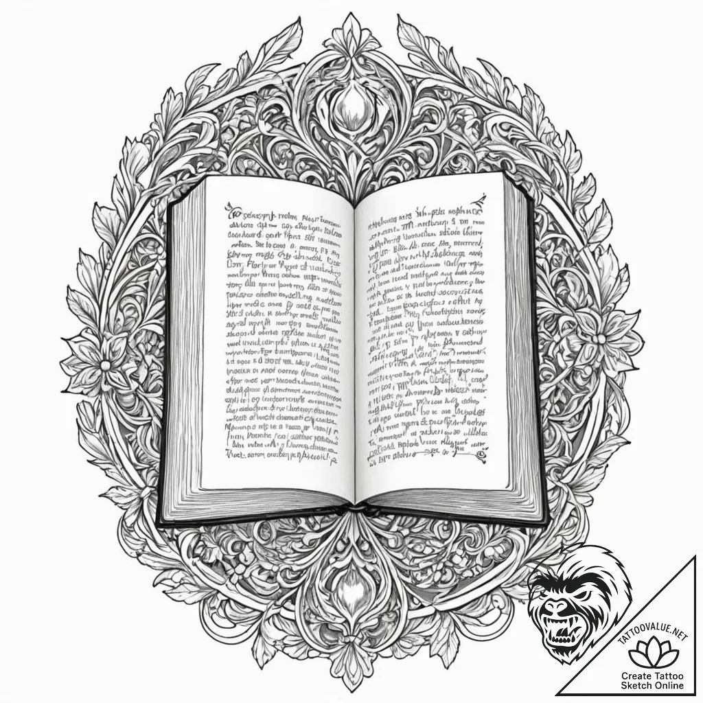 A book with a fantasy world growing from its... - tattoo sketch (№1751826943_0, 06.07.2025 18:35) — tattoovalue.net