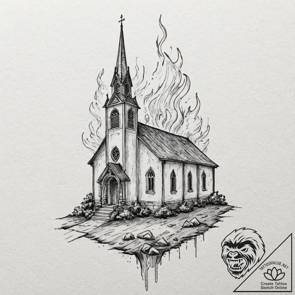 A neo-traditional tattoo of a burning church,... - tattoo sketch (№1751829636_0, 06.07.2025 19:20) — tattoovalue.net