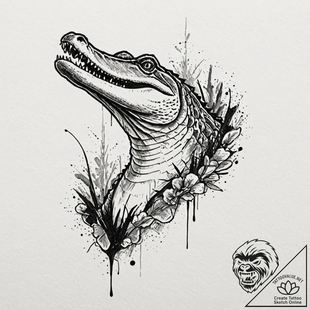 Alligator, ink illustration for tattoo, minim... - tattoo sketch (№1751831405_0, 06.07.2025 19:50) — tattoovalue.net