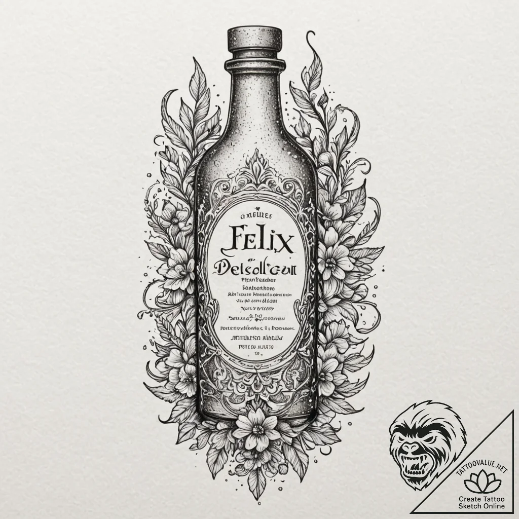 A linework tattoo of a bottle of felix felici... - tattoo sketch (№1751831997_0, 06.07.2025 19:59) — tattoovalue.net