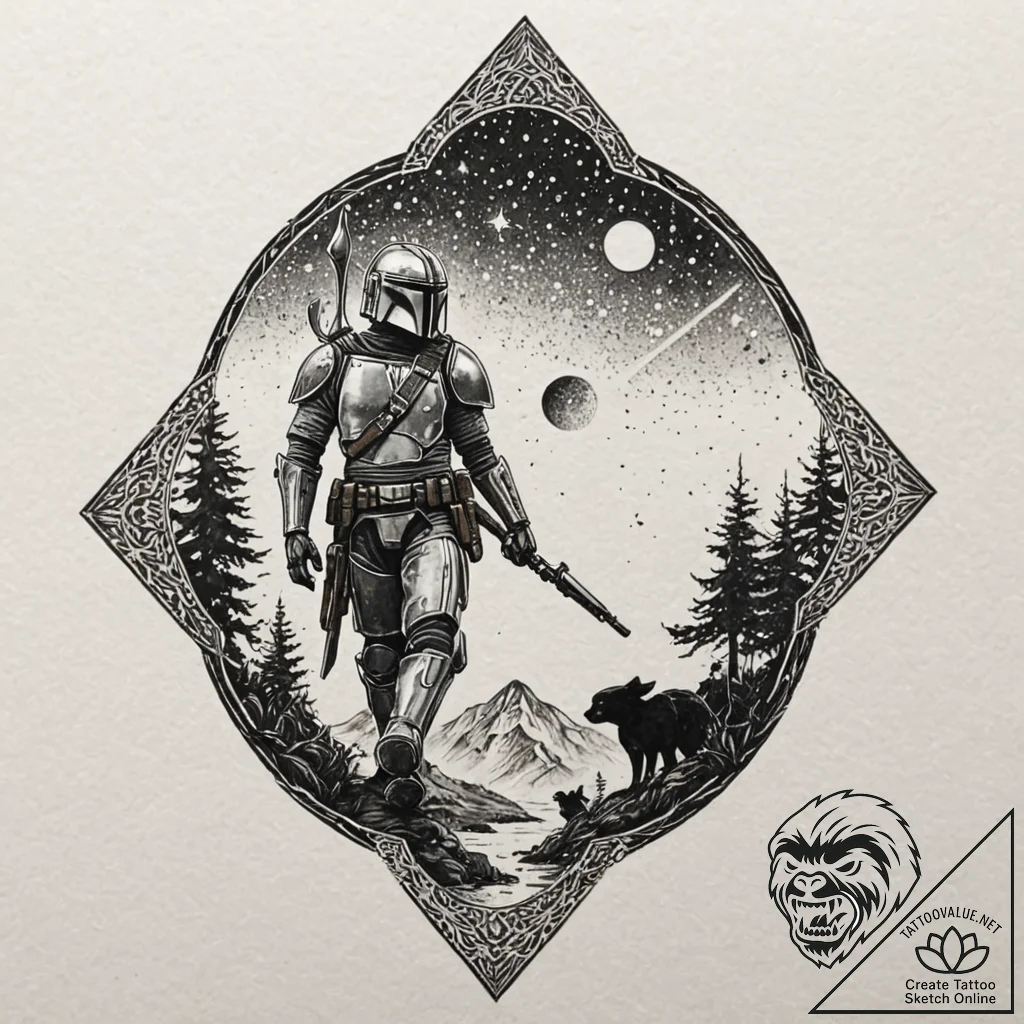 Graphic art of the mandalorian and grogu walk... - tattoo sketch (№1751833868_0, 06.07.2025 20:31) — tattoovalue.net