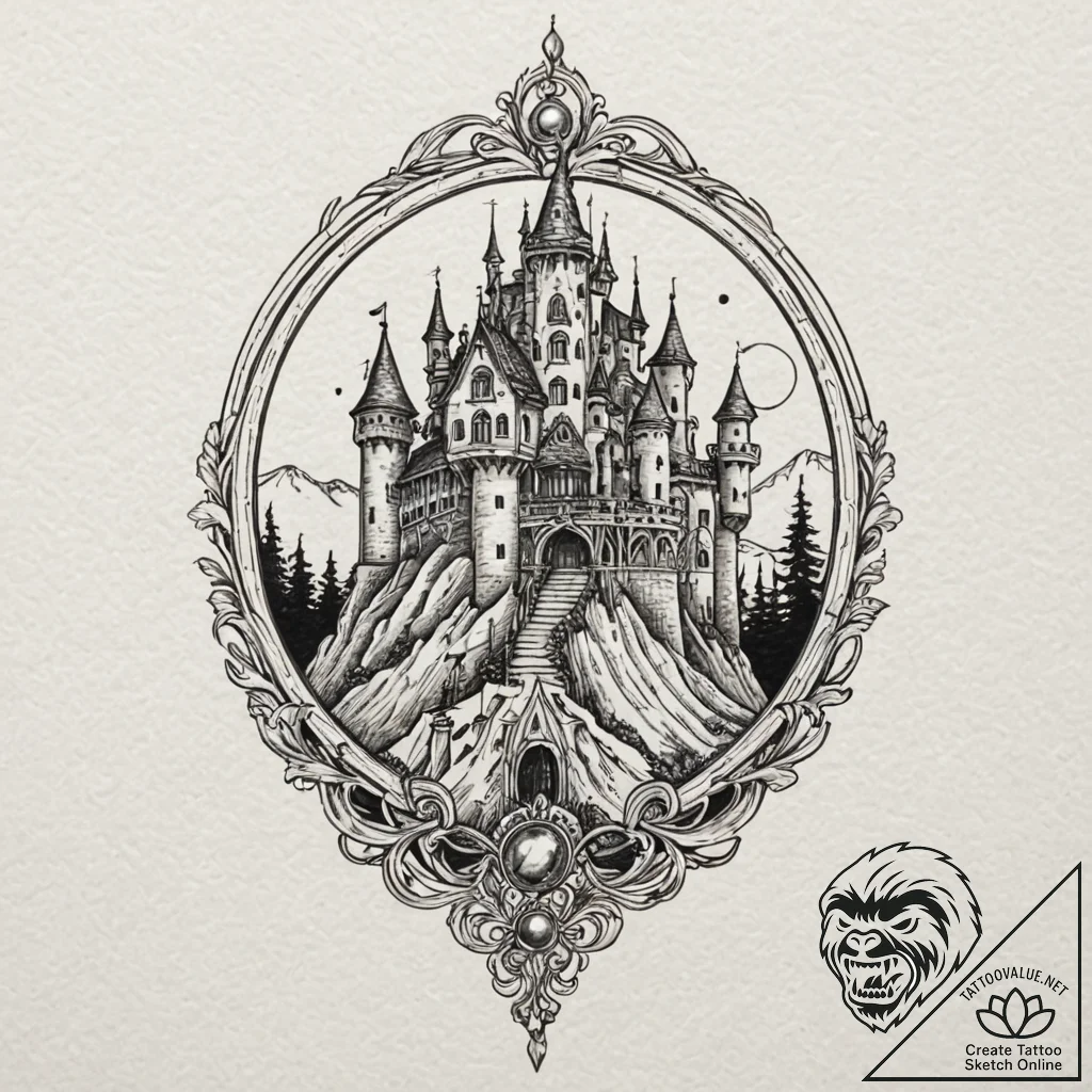 A linework tattoo of the magical moving castl... - tattoo sketch (№1751834207_0, 06.07.2025 20:36) — tattoovalue.net
