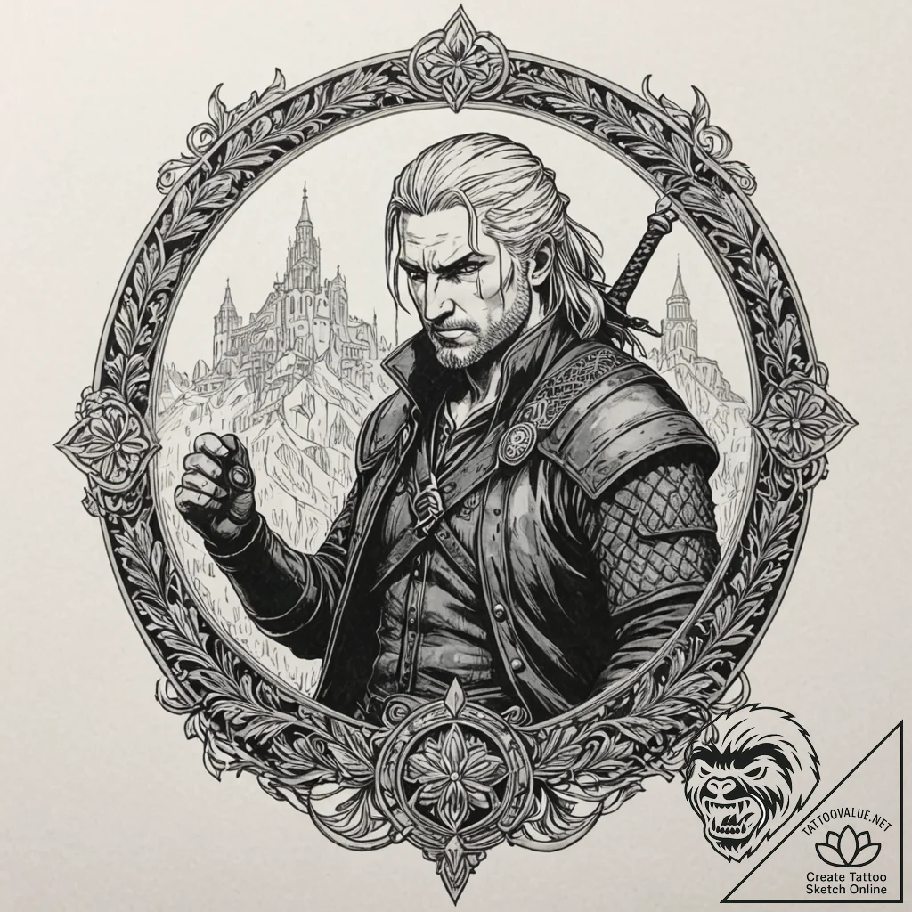 A graphic novel panel of geralt fighting the... - tattoo sketch (№1751835848_0, 06.07.2025 21:04) — tattoovalue.net