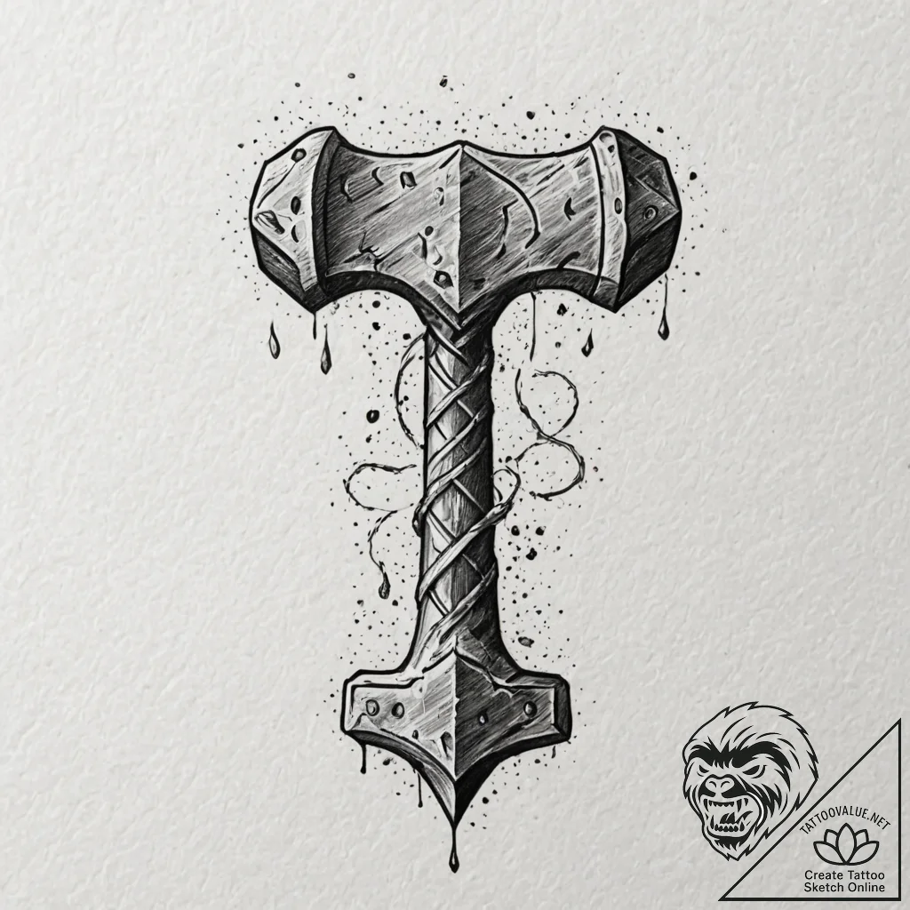 A linework tattoo of thor's hammer, mjolnir,... - tattoo sketch (№1751837029_0, 06.07.2025 21:23) — tattoovalue.net