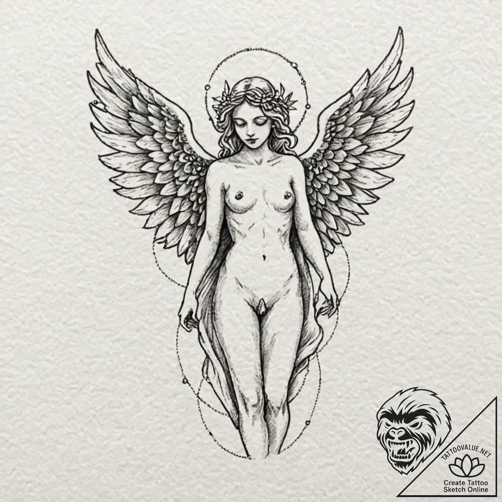 Angel of death, tattoo drawing outline, fine... - tattoo sketch (№1751837429_0, 06.07.2025 21:30) — tattoovalue.net