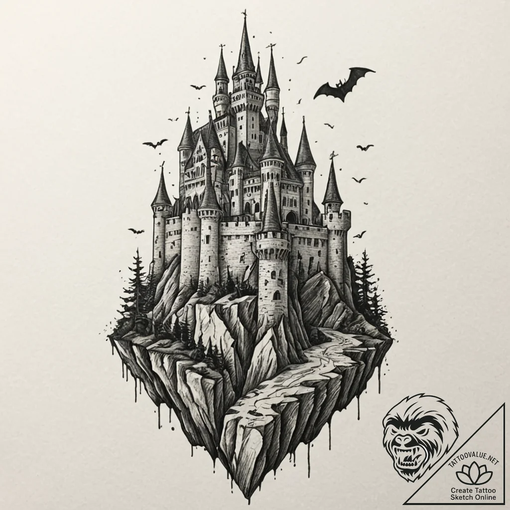 A sketch of a gothic castle on a cliff, dracu... - tattoo sketch (№1751837823_0, 06.07.2025 21:37) — tattoovalue.net