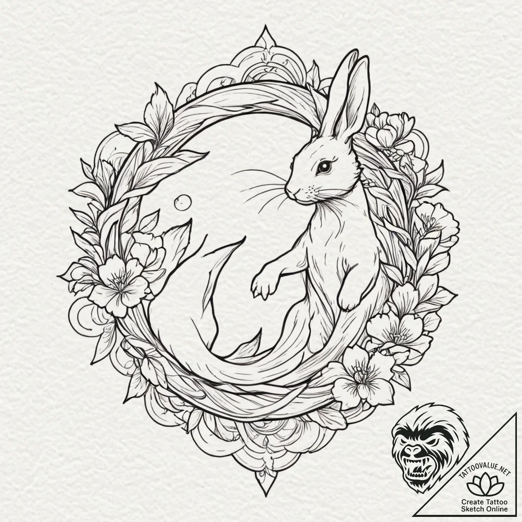 Linework tattoo design of the white rabbit, m... - tattoo sketch (№1751837990_0, 06.07.2025 21:39) — tattoovalue.net