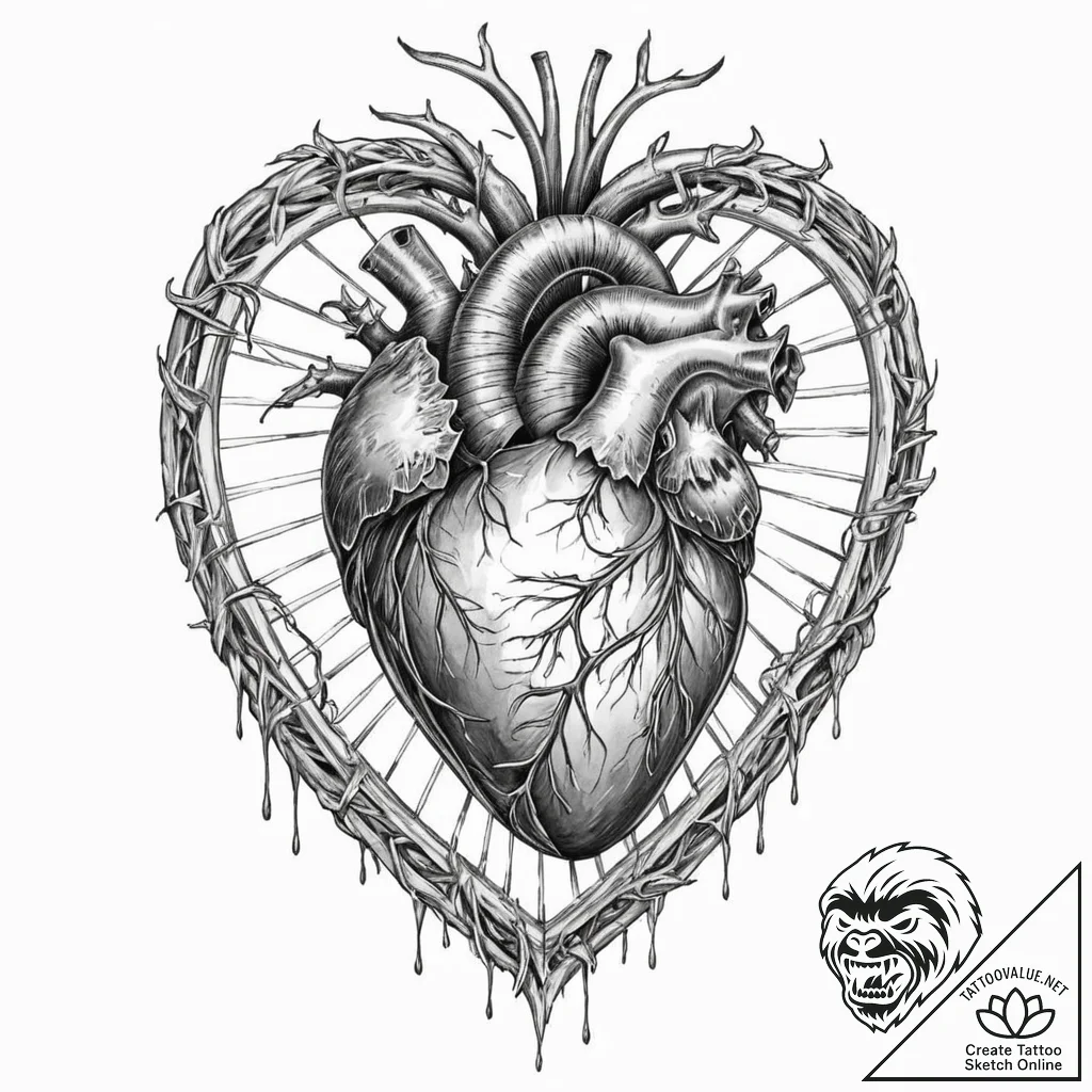 Anatomical heart as a cage with a bird inside... - tattoo sketch (№1751838496_0, 06.07.2025 21:48) — tattoovalue.net