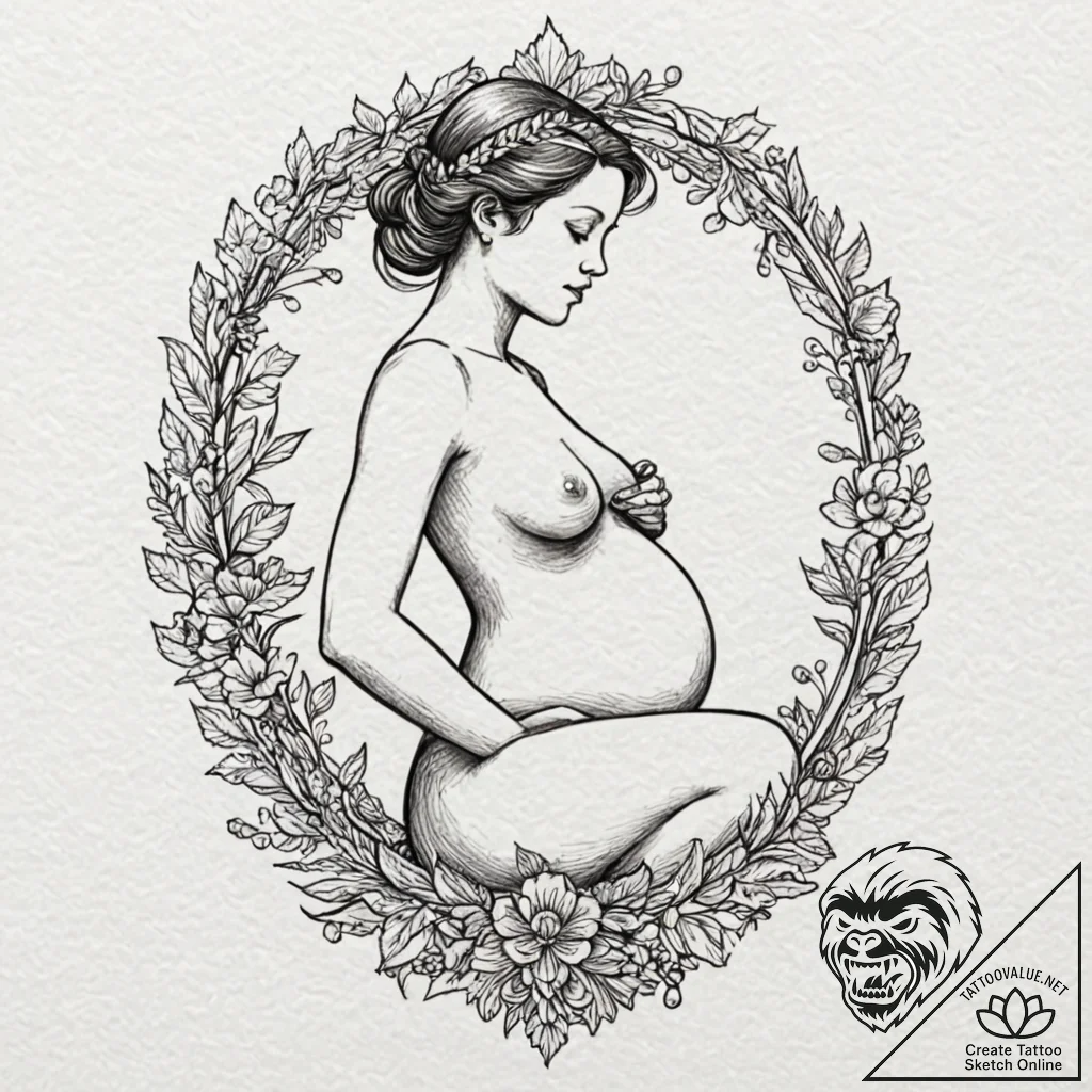 A powerful linework tattoo of a pregnant woma... - tattoo sketch (№1751838669_0, 06.07.2025 21:51) — tattoovalue.net