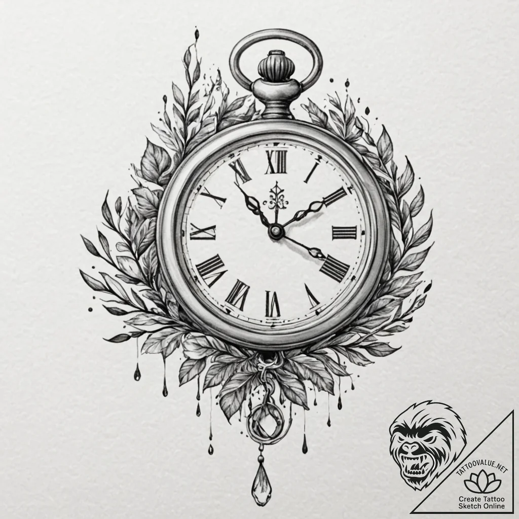 A melting pocket watch draped over a branch,... - tattoo sketch (№1751838749_0, 06.07.2025 21:52) — tattoovalue.net
