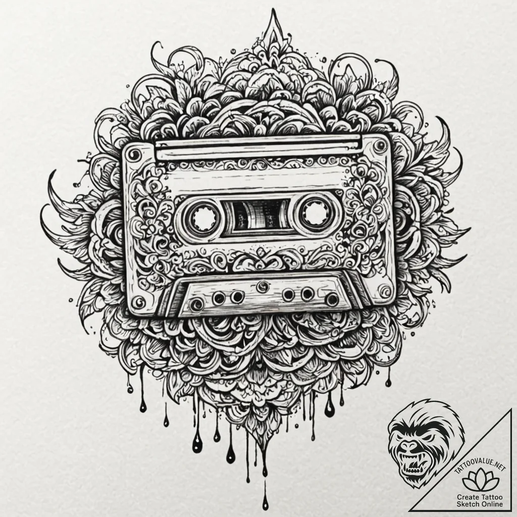 A neo-traditional tattoo of a cassette tape l... - tattoo sketch (№1751839758_0, 06.07.2025 22:09) — tattoovalue.net