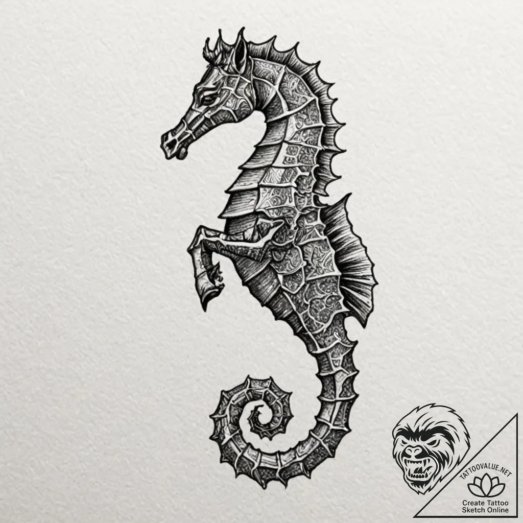 A hippocampus (mythological seahorse), ink il... - tattoo sketch (№1751840178_0, 06.07.2025 22:16) — tattoovalue.net