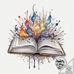 A book with a fantasy world growing from its… – tattoo sketch (№1751841398_0, 06.07.2025 22:36) — tattoovalue.net