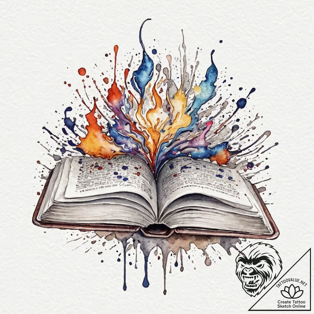 A book with a fantasy world growing from its... - tattoo sketch (№1751841398_0, 06.07.2025 22:36) — tattoovalue.net
