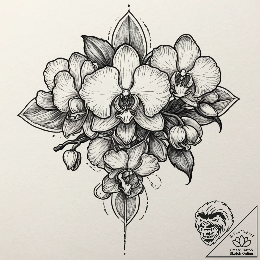 Orchid, artistic tattoo sketch, neo tradition... - tattoo sketch (№1751843249_0, 06.07.2025 23:07) — tattoovalue.net
