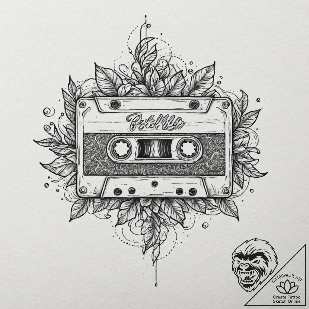 A retro cassette tape unspooling, tattoo flas... - tattoo sketch (№1751844180_0, 06.07.2025 23:23) — tattoovalue.net