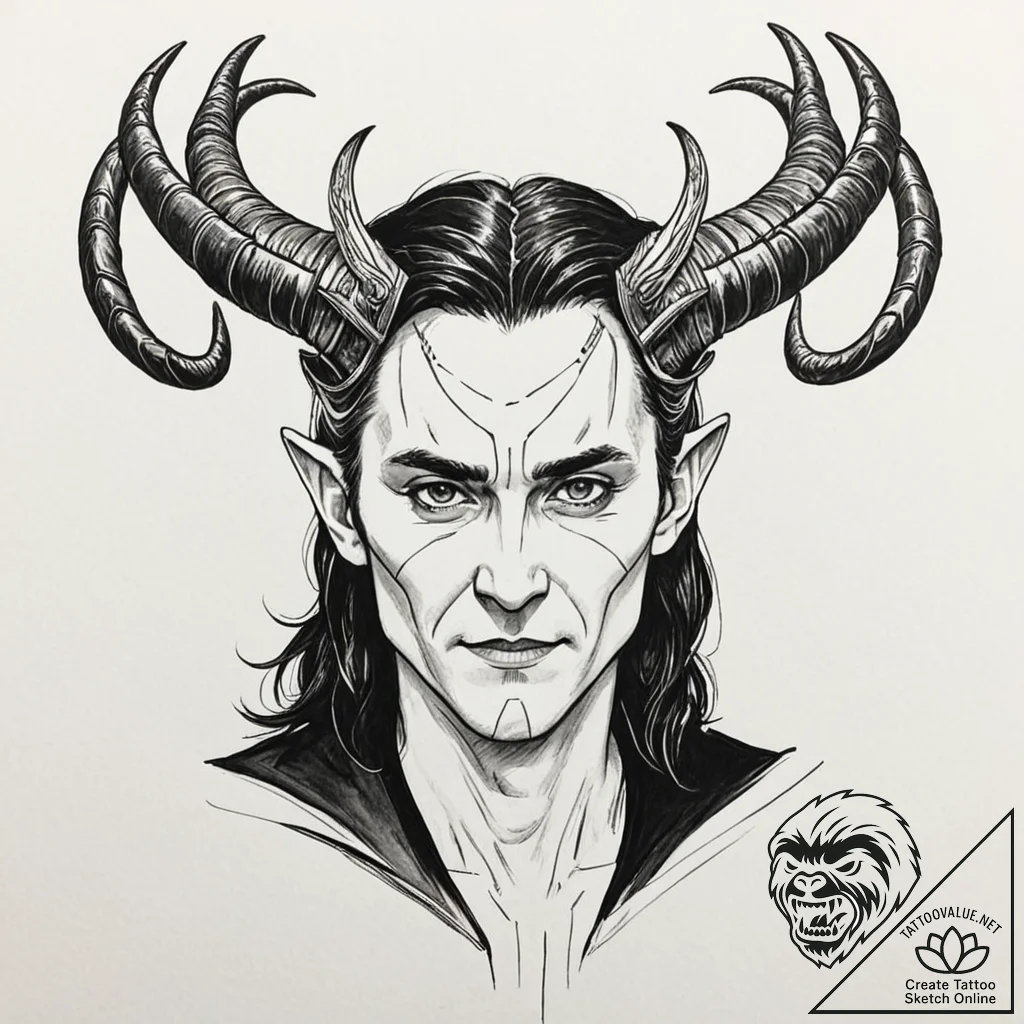 A graphic novel style portrait of loki, the n... - tattoo sketch (№1751844683_0, 06.07.2025 23:31) — tattoovalue.net