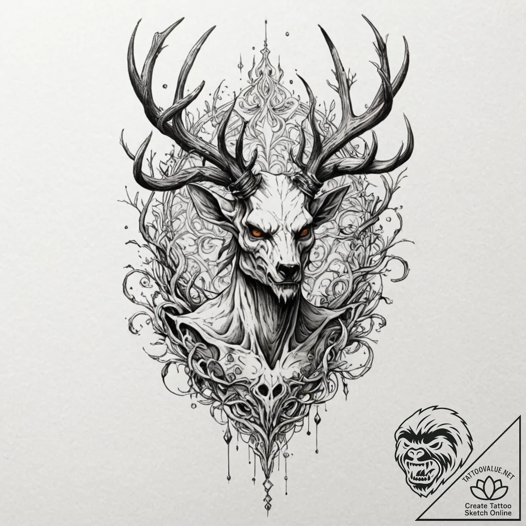 A trash polka composition of a wendigo, a cre... - tattoo sketch (№1751846615_0, 07.07.2025 00:03) — tattoovalue.net