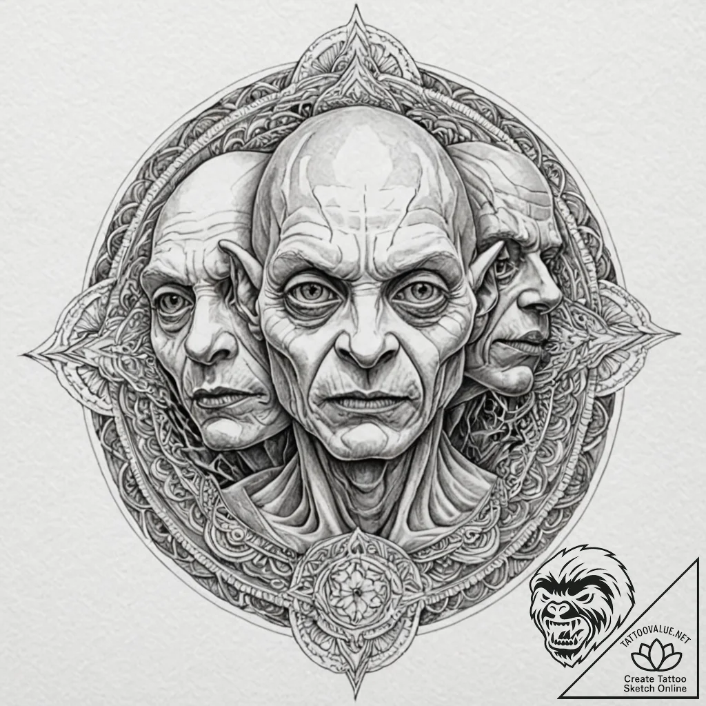 A sketch of gollum/smeagol, his face split be... - tattoo sketch (№1751847559_0, 07.07.2025 00:19) — tattoovalue.net