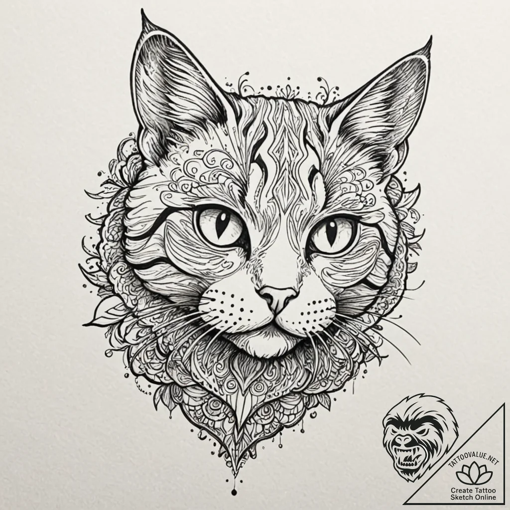 Cat, artistic tattoo sketch, new school tatto... - tattoo sketch (№1751847643_0, 07.07.2025 00:20) — tattoovalue.net