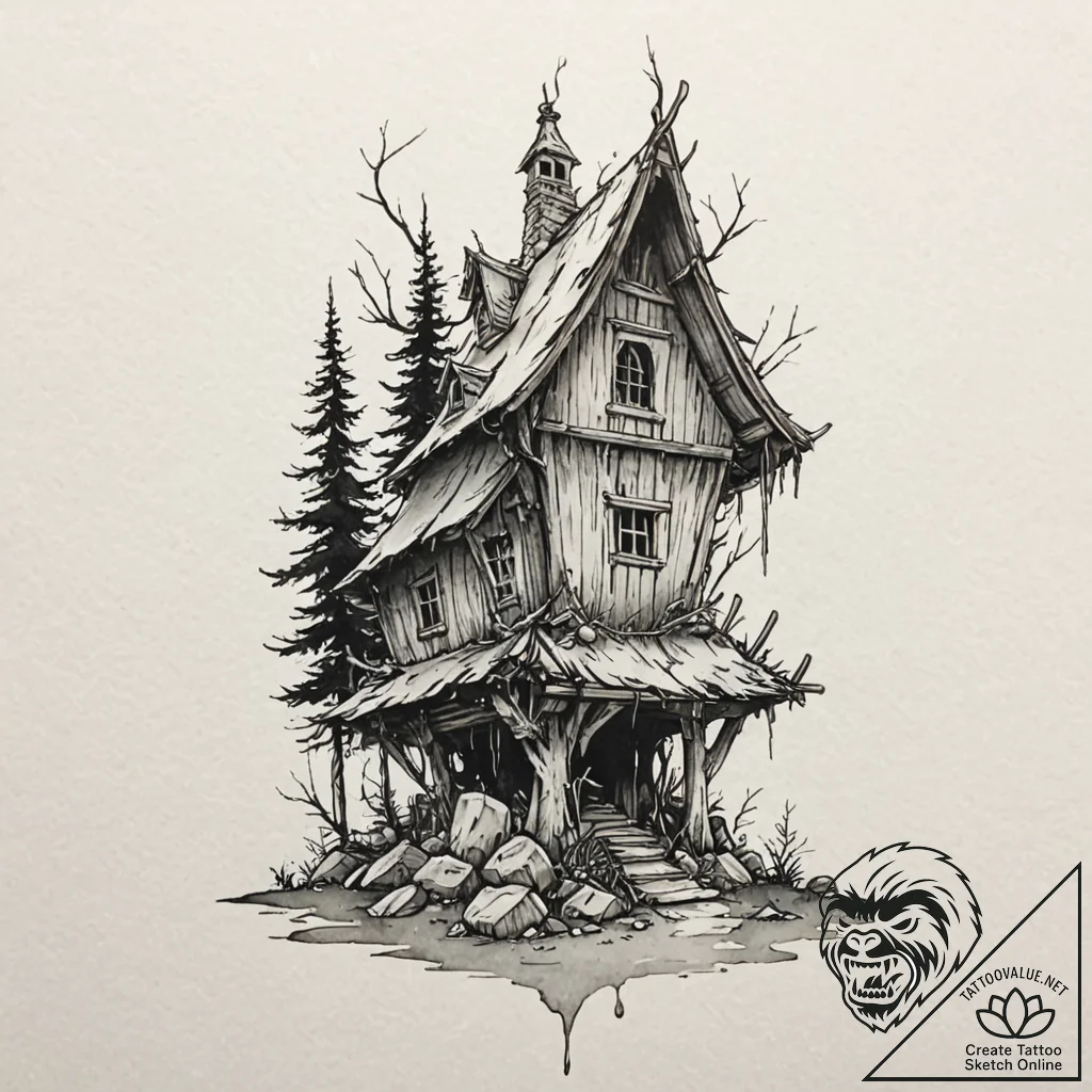 Baba yaga's hut on chicken legs, tattoo drawi... - tattoo sketch (№1751847810_0, 07.07.2025 00:23) — tattoovalue.net