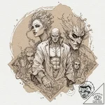 A graphic novel panel of the main characters… – tattoo sketch (№1751847980_0, 07.07.2025 00:26) — tattoovalue.net
