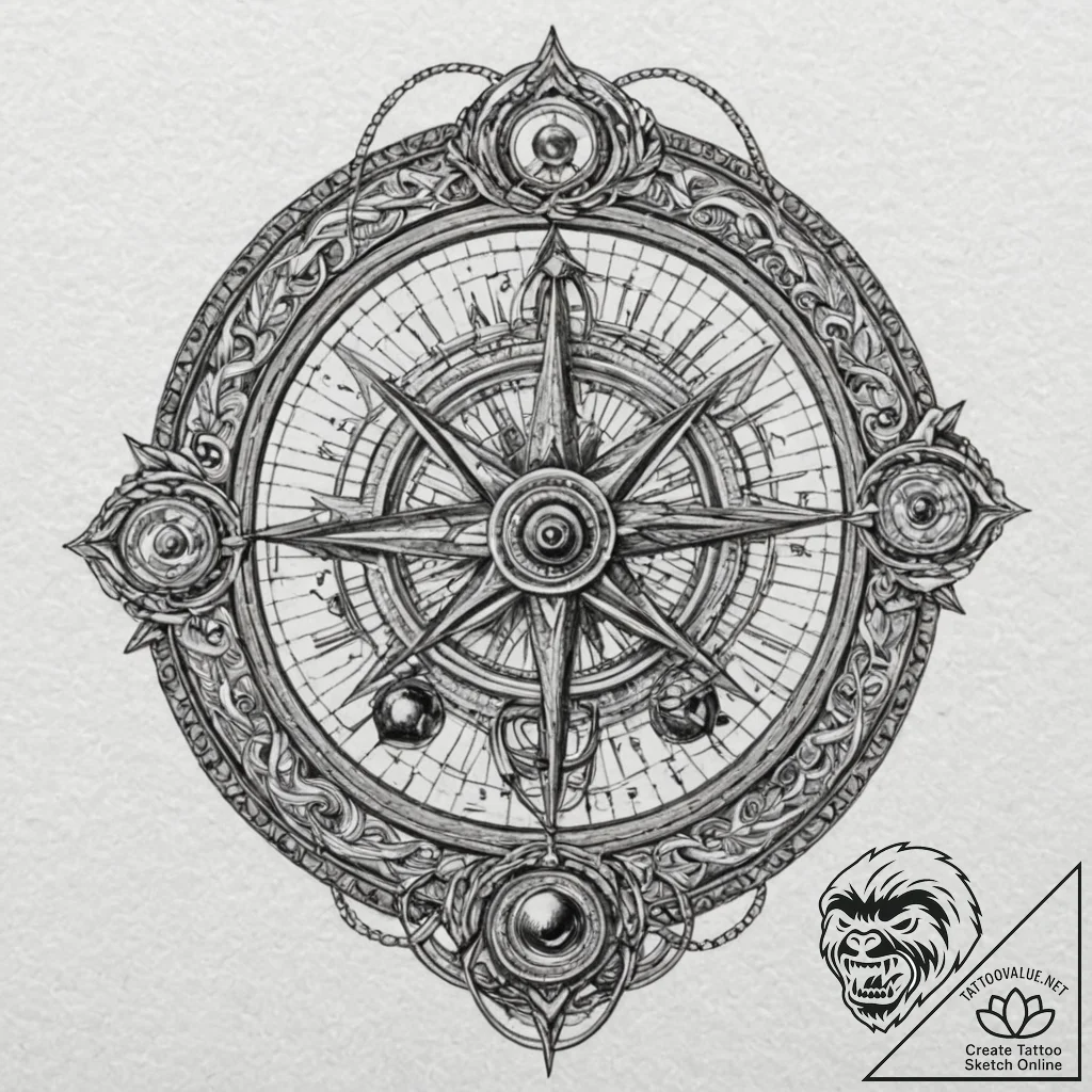 Astrolabe, tattoo drawing outline, muted colo... - tattoo sketch (№1751850369_0, 07.07.2025 01:06) — tattoovalue.net