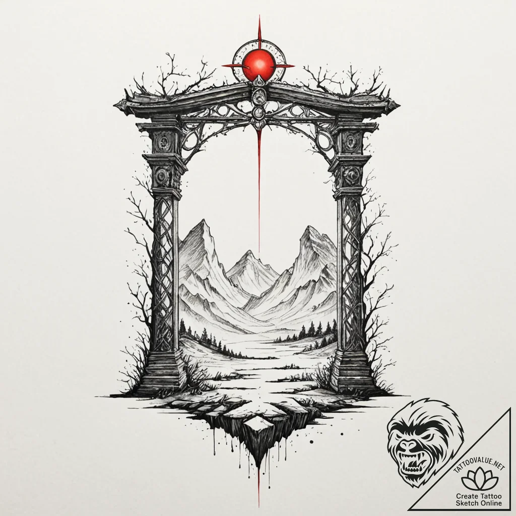 A graphic novel panel of the gate to the upsi... - tattoo sketch (№1751851545_0, 07.07.2025 01:25) — tattoovalue.net
