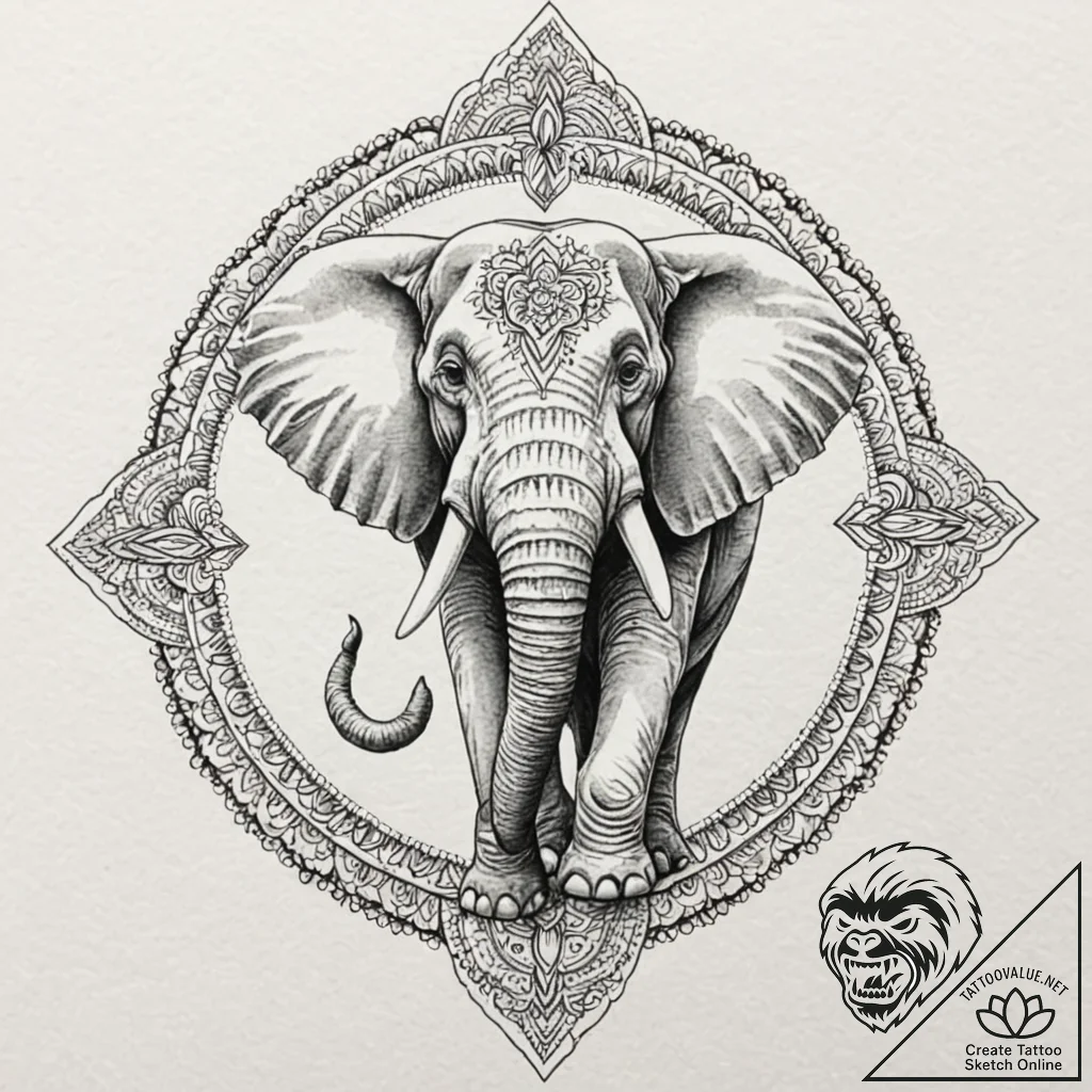 Elephant, concept art for tattoo, detailed cr... - tattoo sketch (№1751852301_0, 07.07.2025 01:38) — tattoovalue.net
