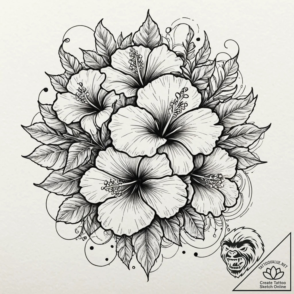 Hibiscus, tattoo line art, on white paper, cl... - tattoo sketch (№1751854154_0, 07.07.2025 02:09) — tattoovalue.net